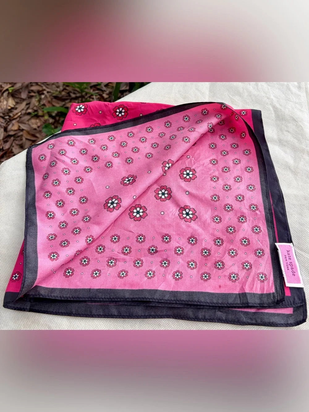 EUC! KATE SPADE 100% Silk Scarf- Two-Tone Pink Floral with Black Trim
